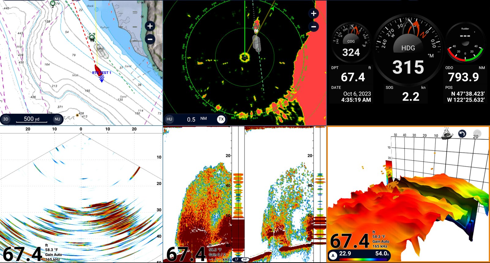 Écrans marins (carte, radar, compas, sondeur, bathymétrie) alimentés par Hannon GeoX